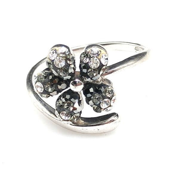 Sterling Silver Flower Ring with Rhinestones, Size 8.25 - Picture 2 of 10